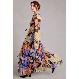 Anthropologie NWT The Marais Printed Chiffon Maxi Dress Purple Floral Size Large